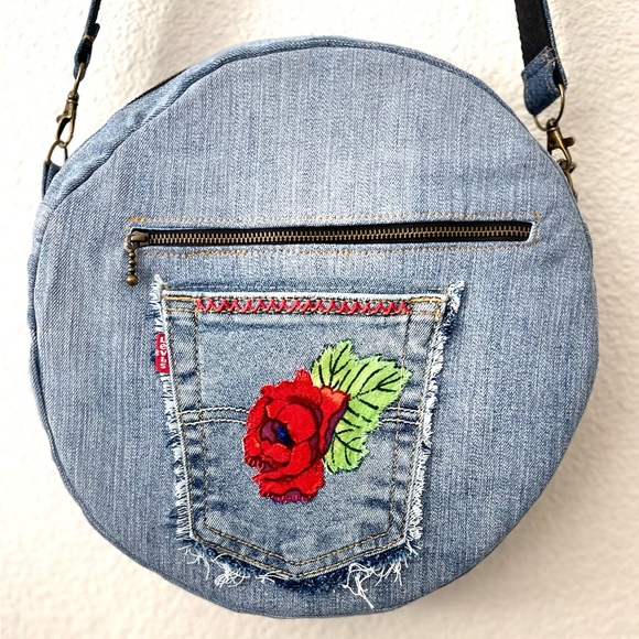 Upcycled denim jeans boho Round Crossbody bag with zipper and pockets. - Picture 12 of 12
